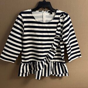 J. Crew Navy and White Striped Blouse with Ruffle